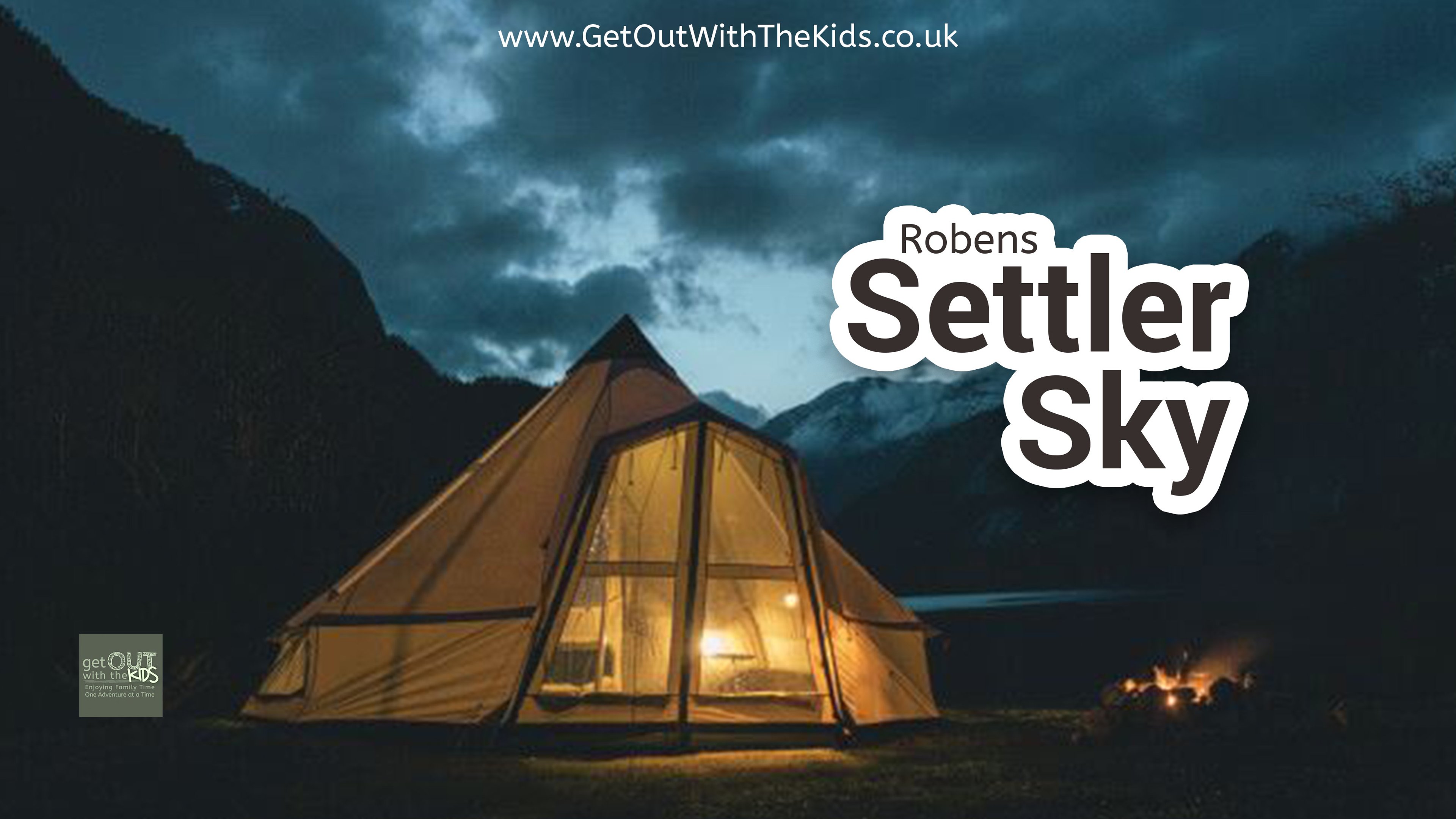 View of the Robens Settler Sky tent in a mountain valley at night
