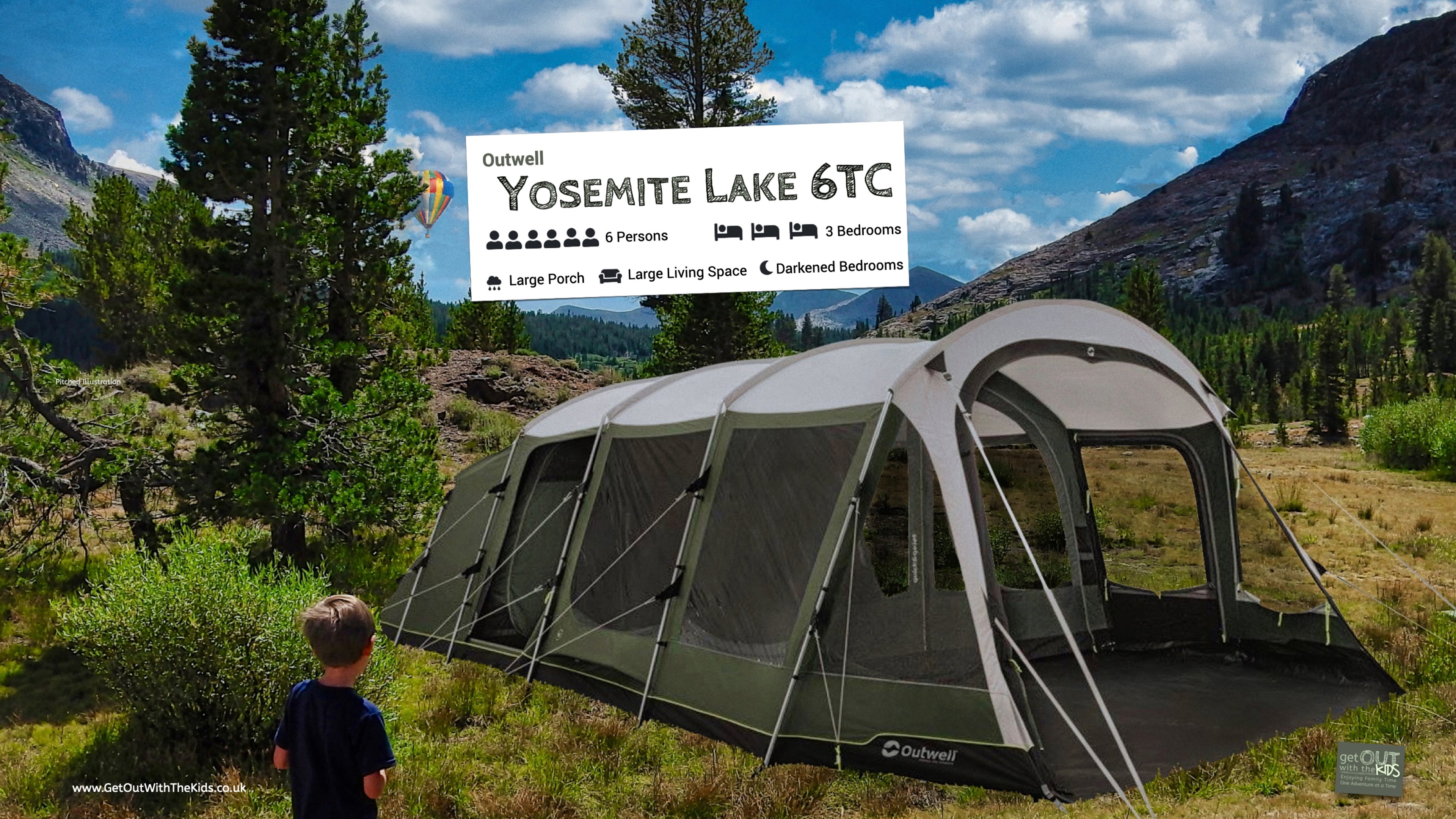 Boy looking at Outwell Yosemite Lake lake tent pitched in the Sierra Mountains