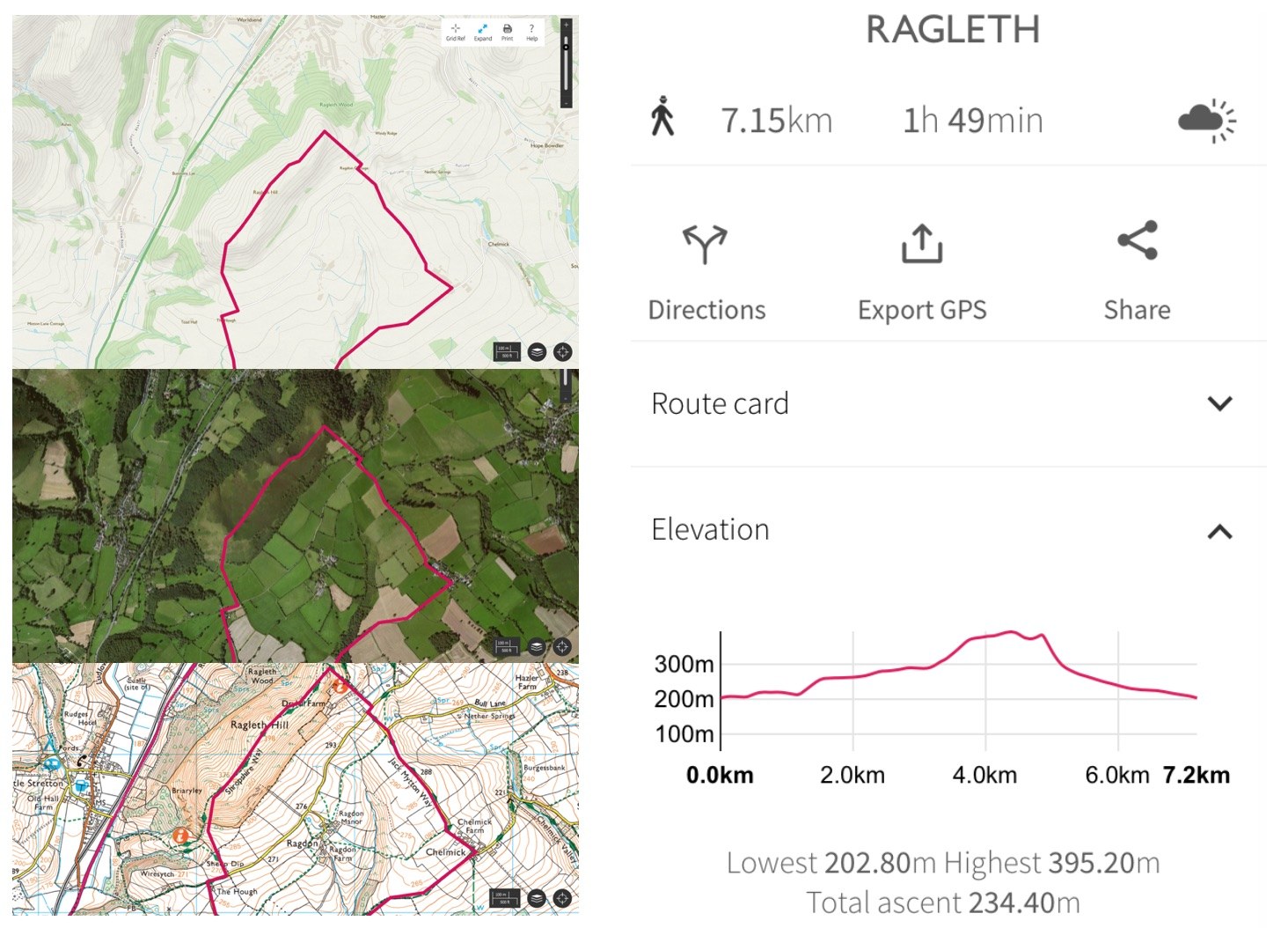 OS Maps showing different views of the Ragleth Hill walk