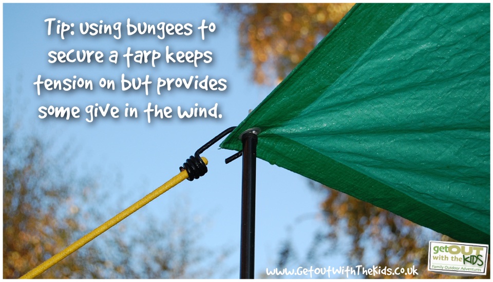  Using bungees protects the tarp from wind gusts