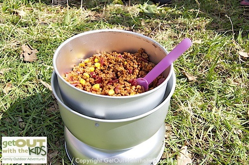 Heating the taco mix in a trangia