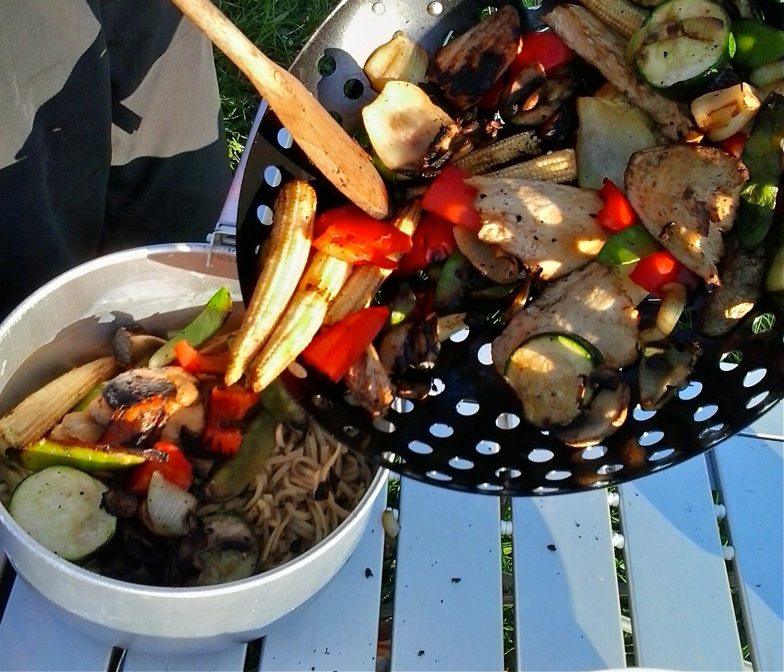 The finished stir-fry from cooking over the campfire
