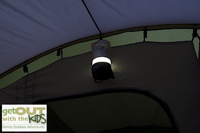 The Coleman CPX 6 Hybrid Lantern hanging in our tent (the Coleman Da Gama 6)