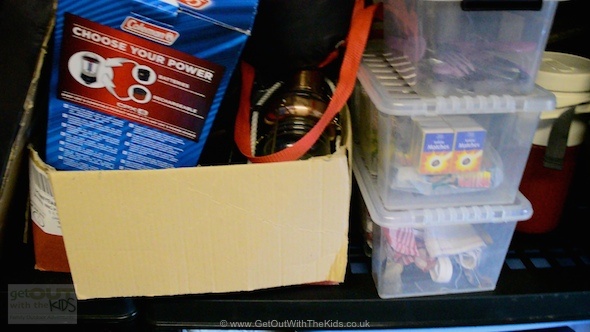 Storage Boxes in the garage ready to Grab n Go camping