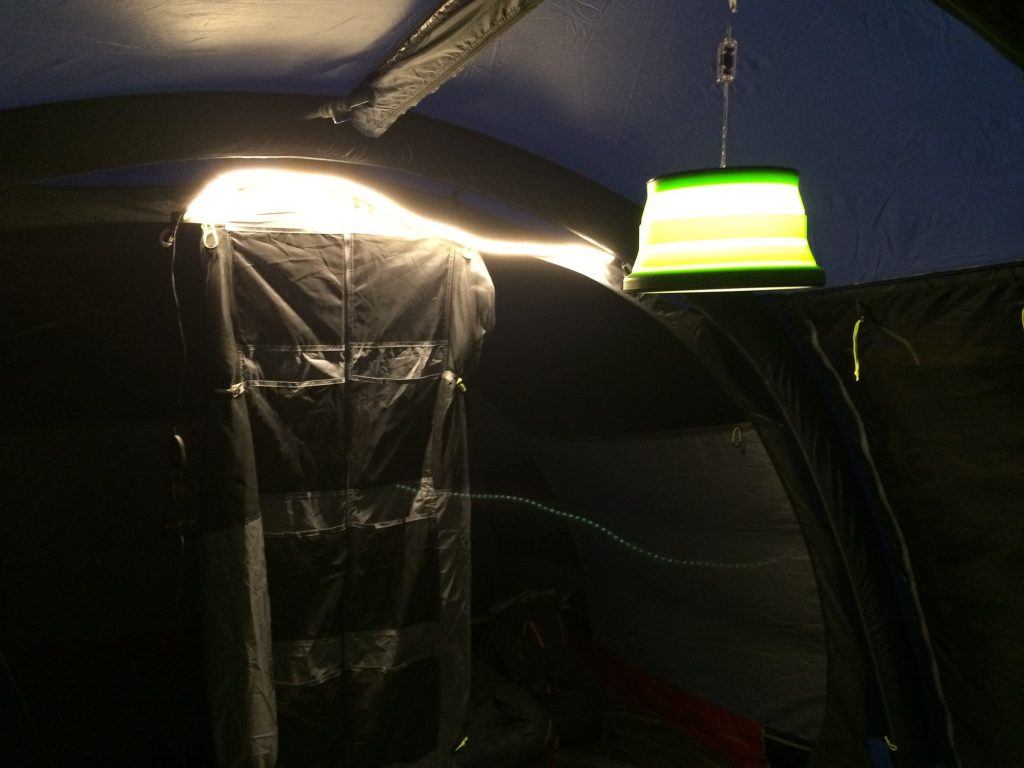 The Corvus light attached to the tent.