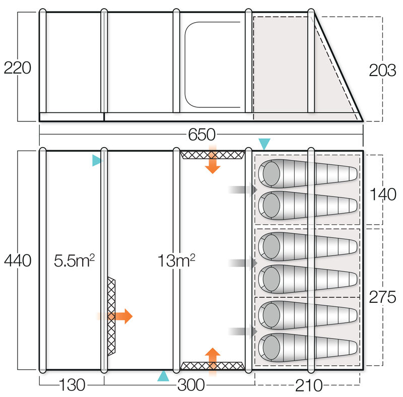 Vango Edoras 600 XL Tent layout and dimensions