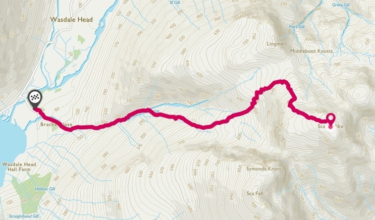Map of route up to Scafell Pike