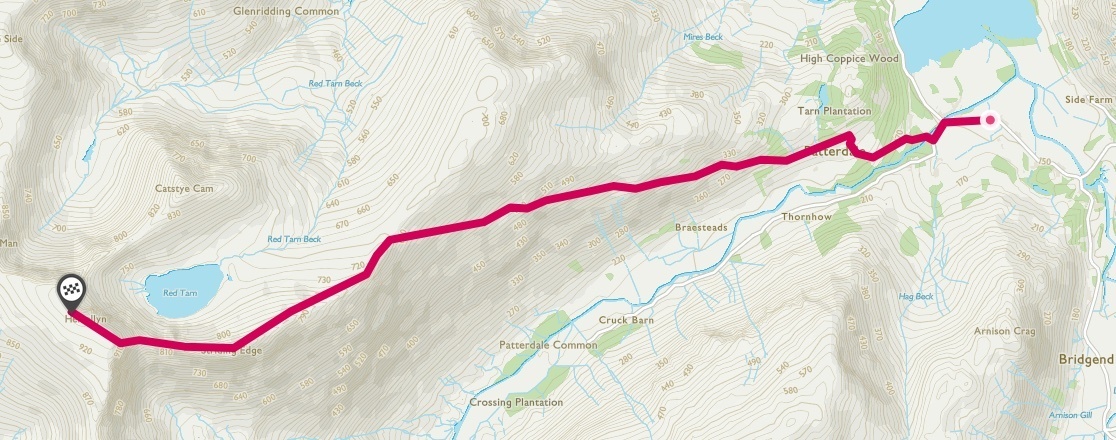 Route map of Helvellyn via Striding Ridge