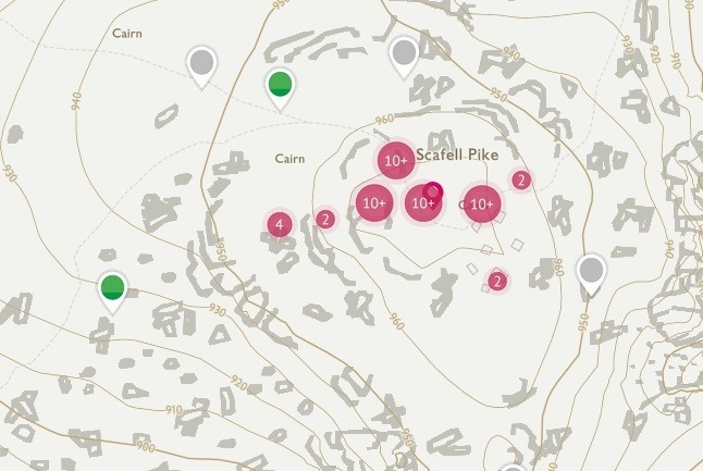 Map showing walking routes up to Scafell Pike summit