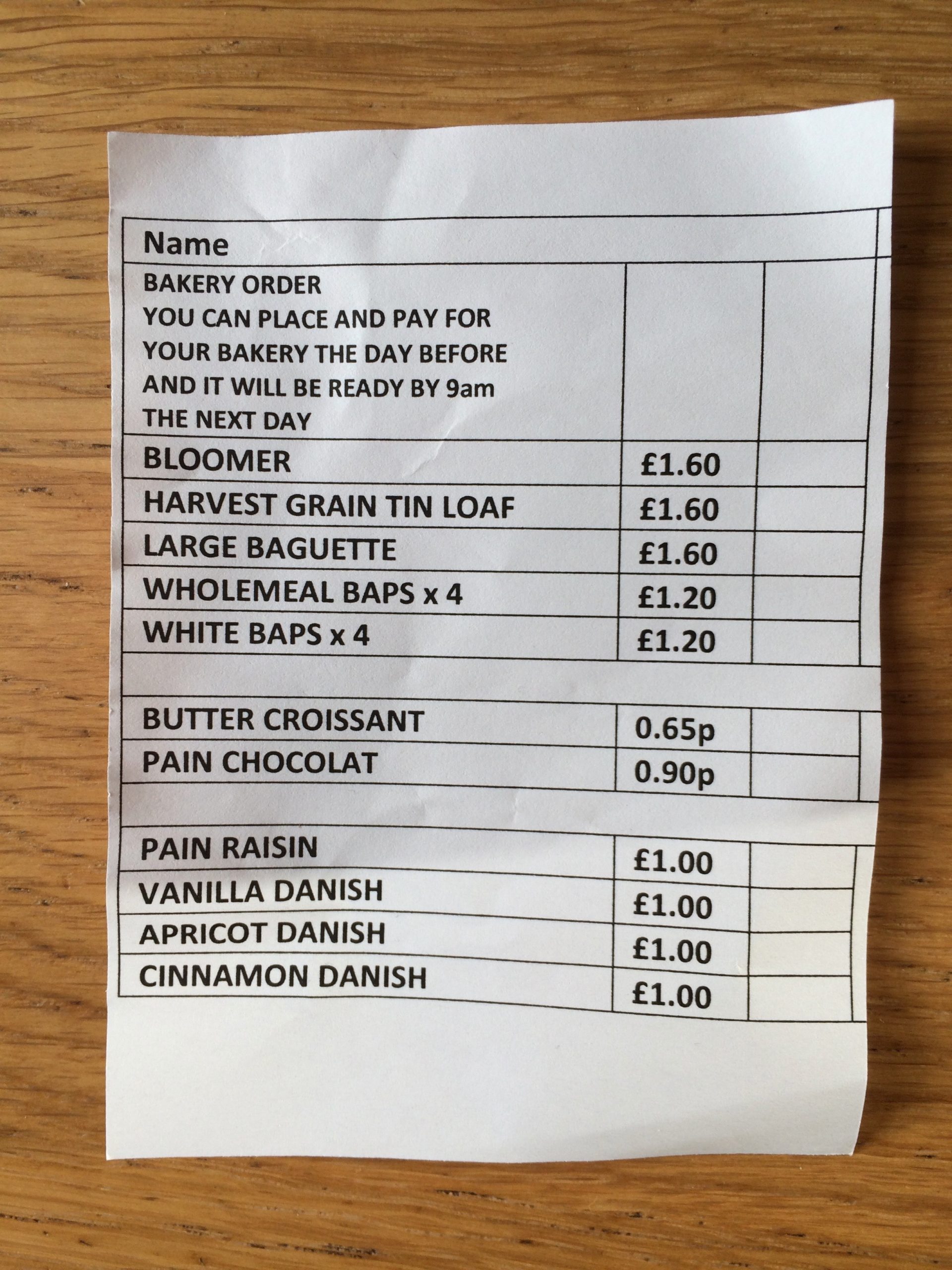 Items to order at the on-site bakery