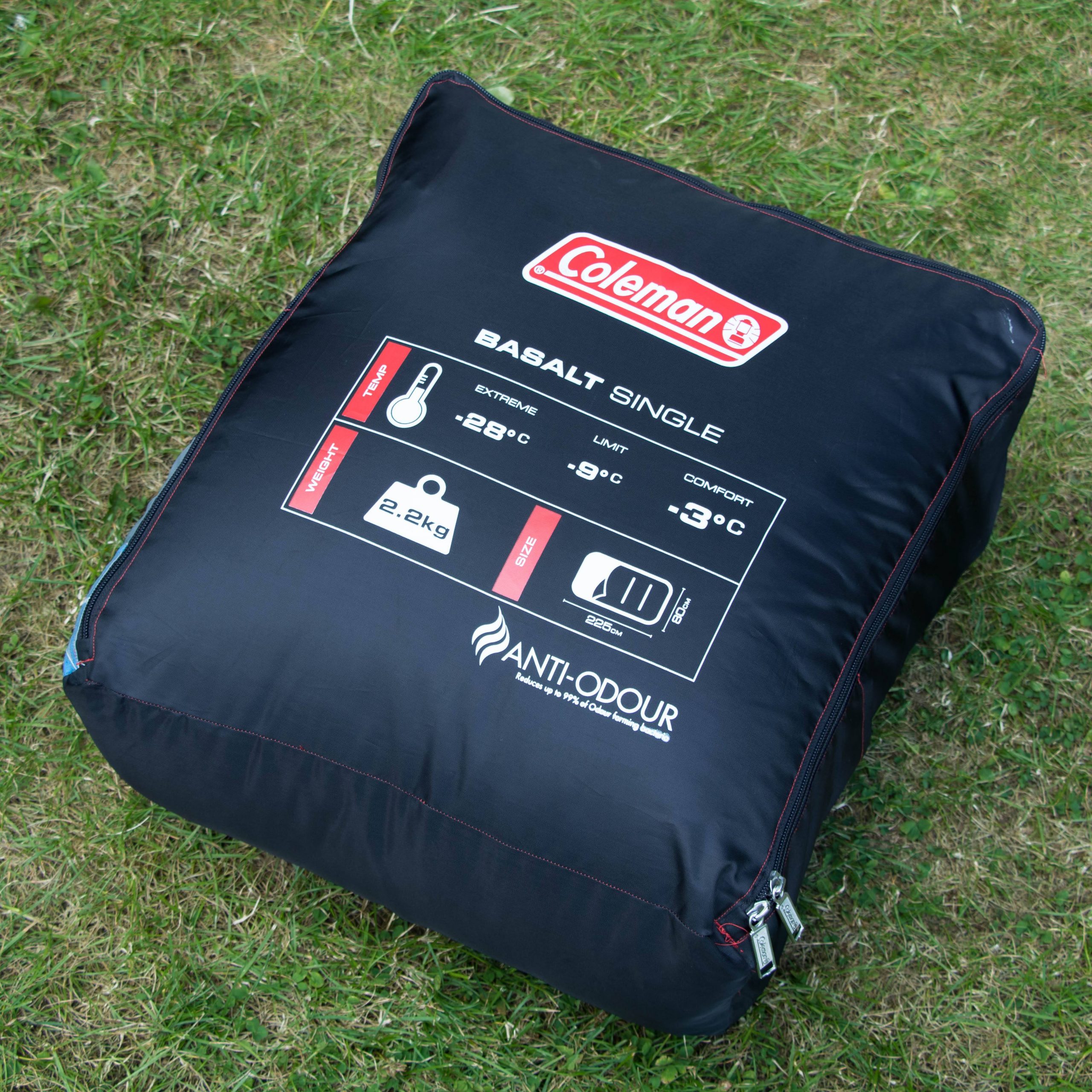 The Basalt sleeping bag in its case