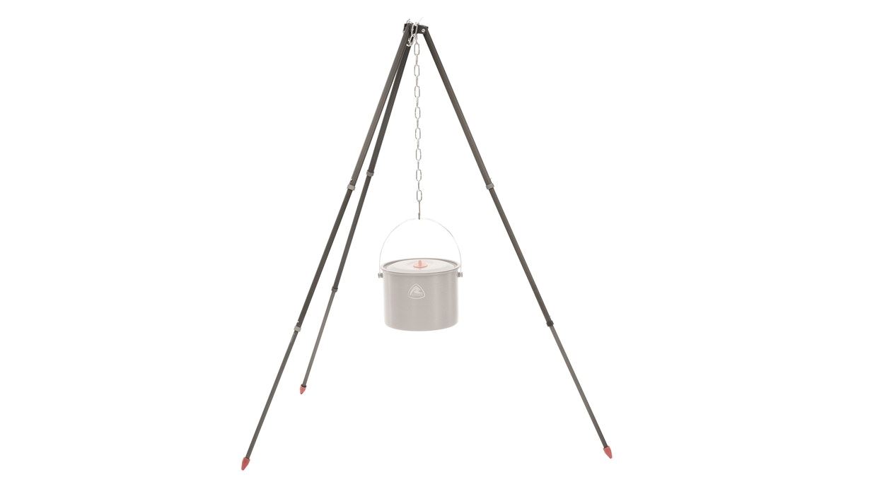 The tripod with a campfire pot hanging from it