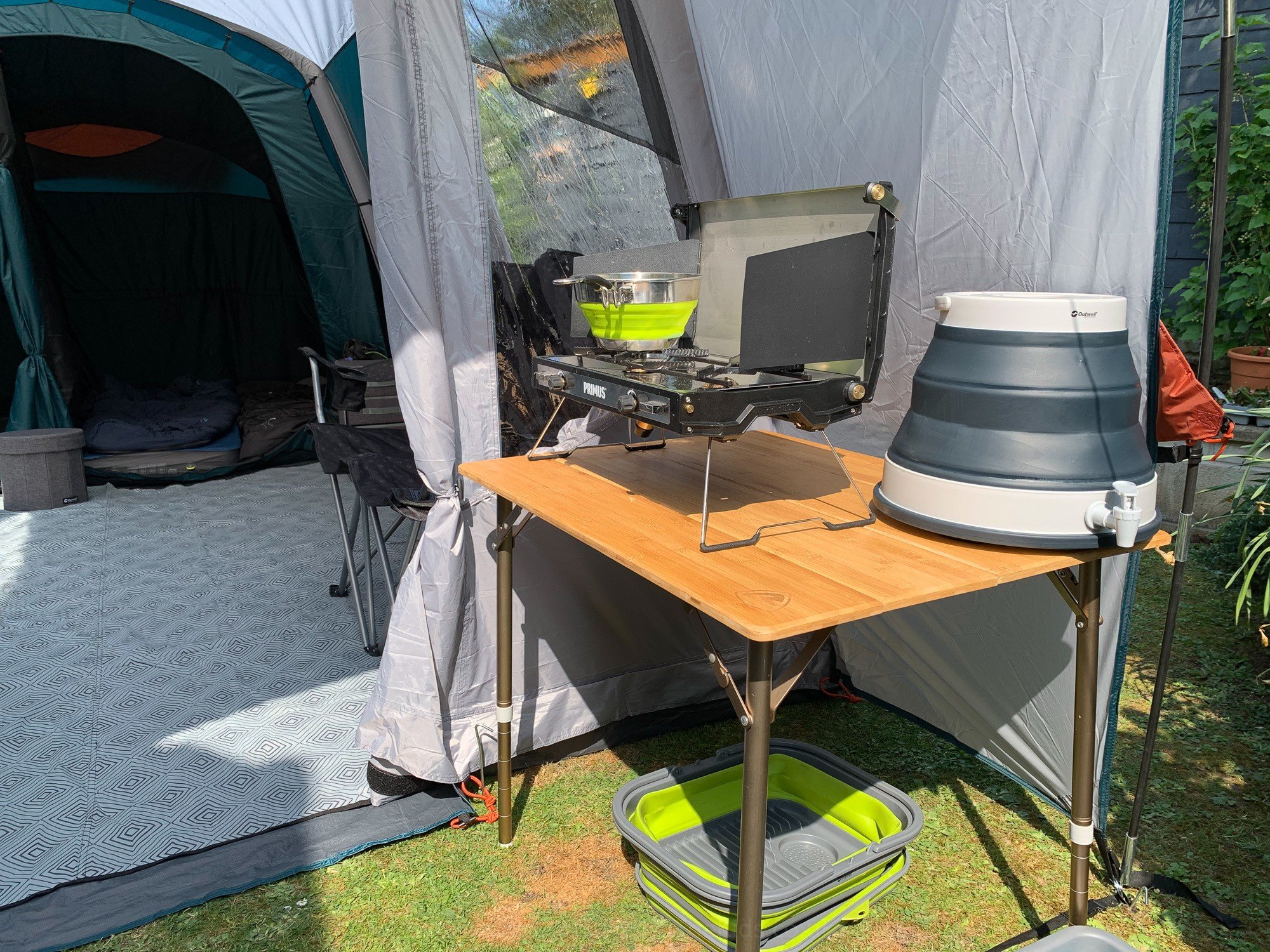 The porch with table and camping stove