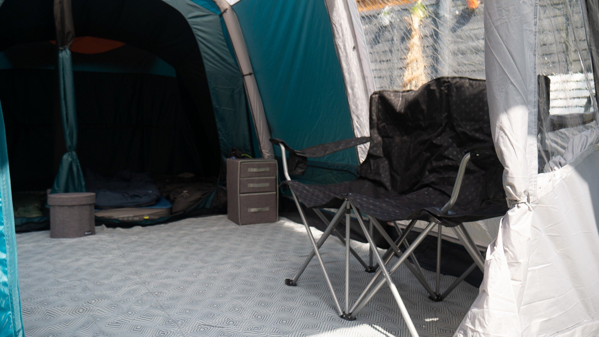 Inside the tent with camping furniture