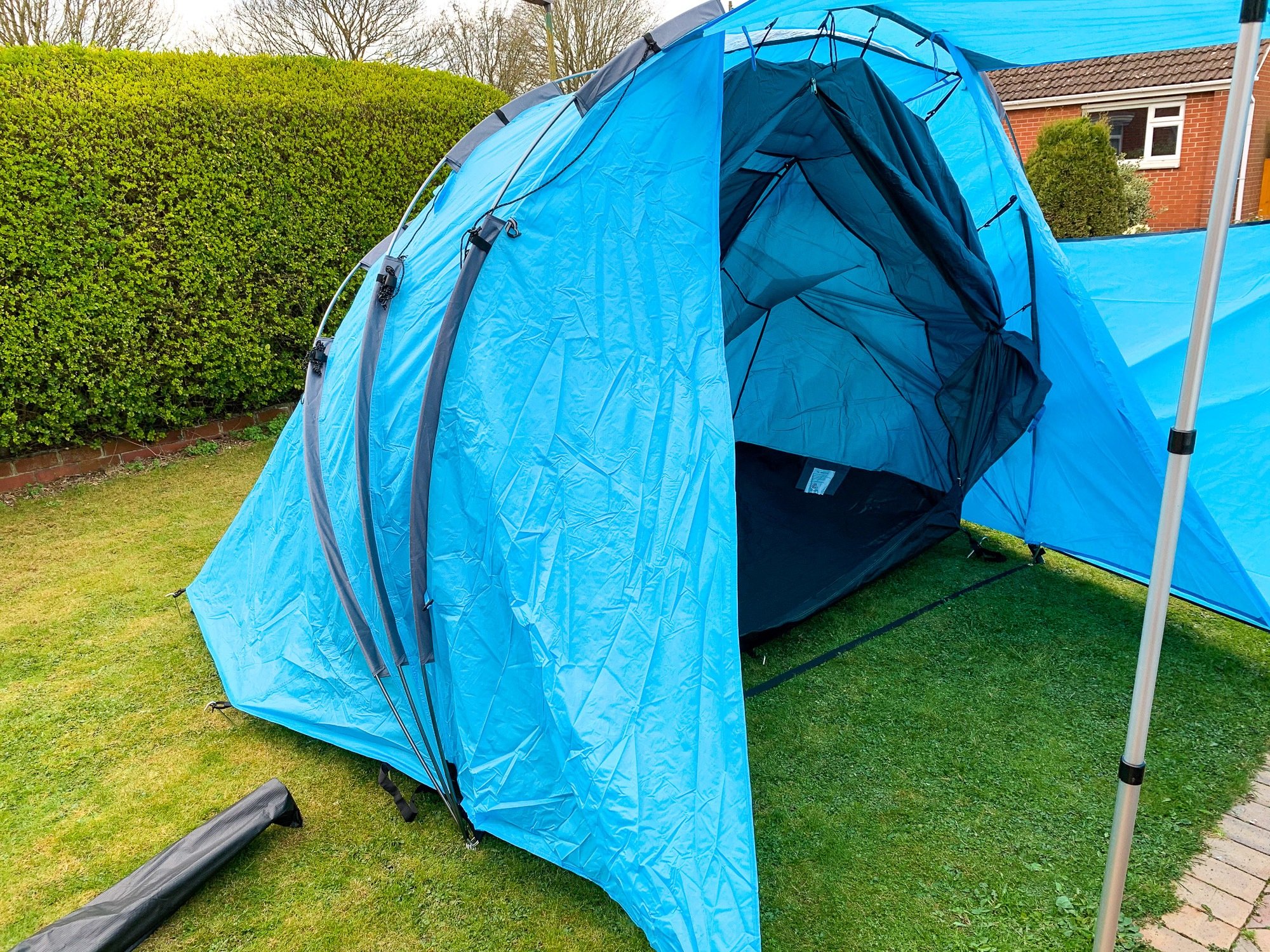 The SheltaPod set-up as a tent in our front garden