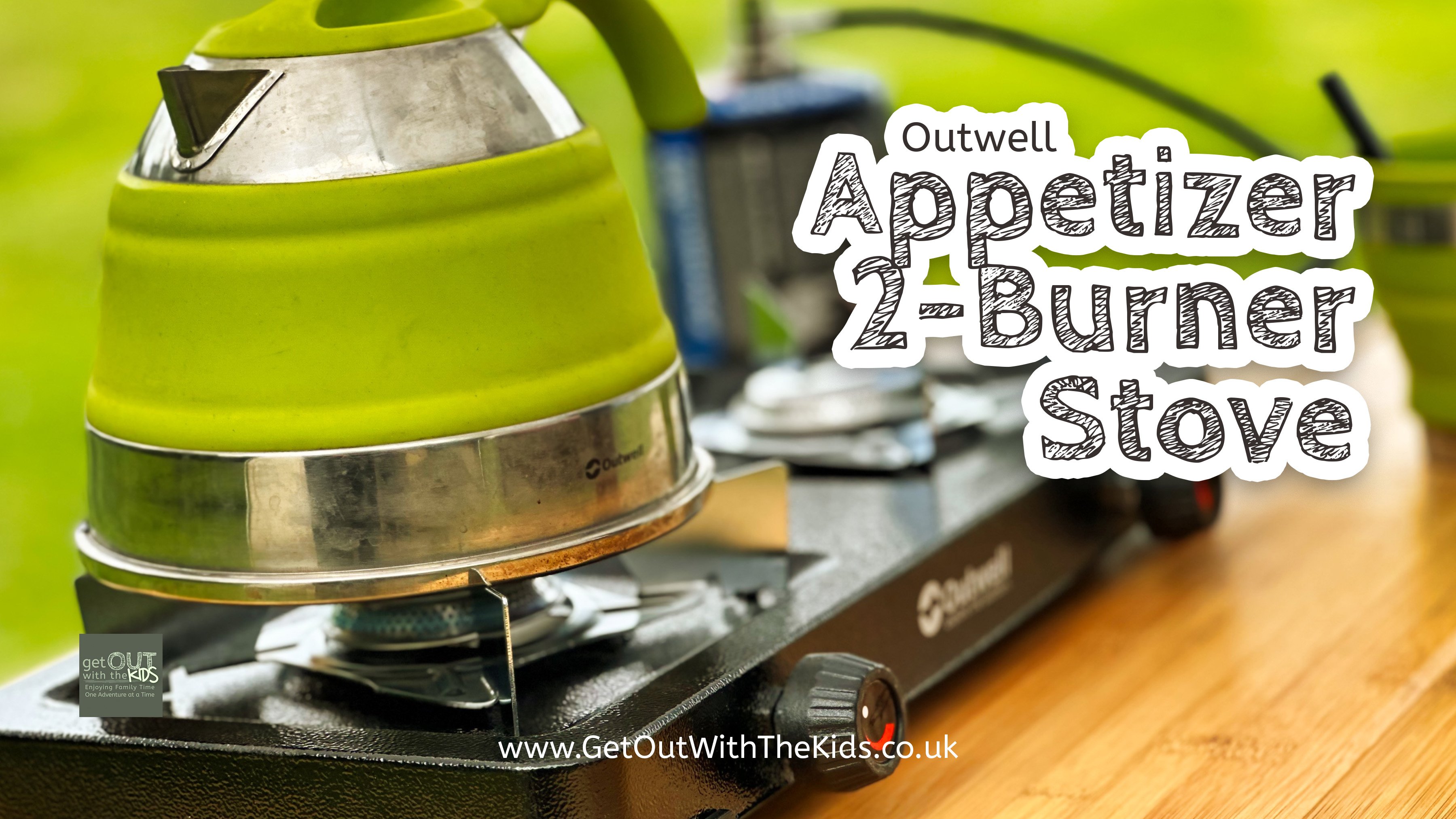 The Outwell Appetizer 2-Burner Stove with an Outwell Collaps Kettle on it