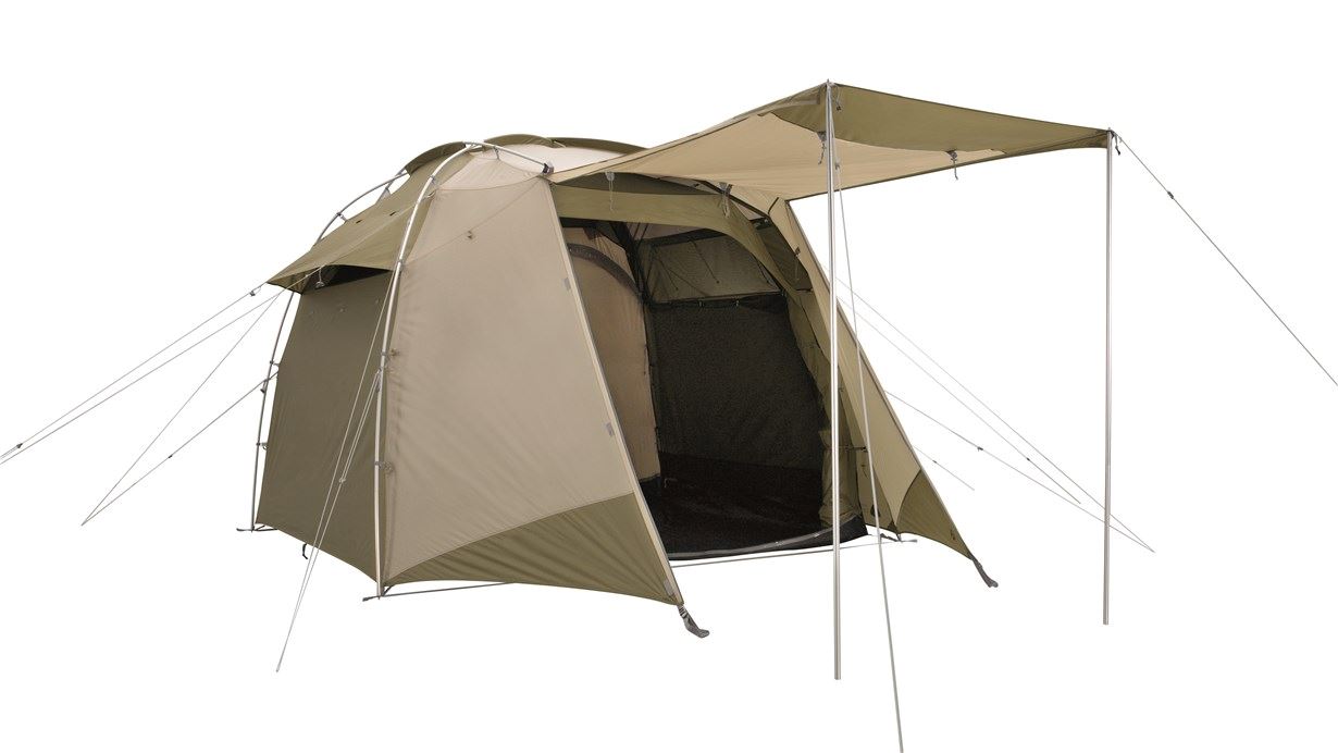 Tent with the front door converted into a shelter