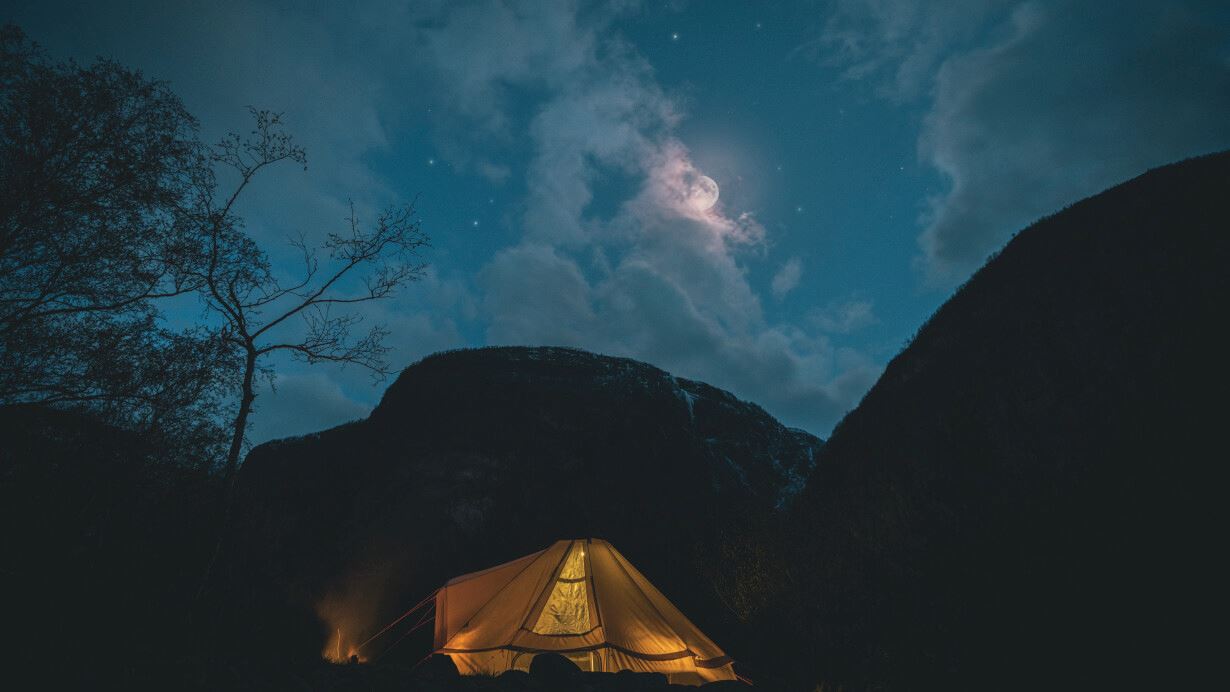 The tent pitched under the night sky