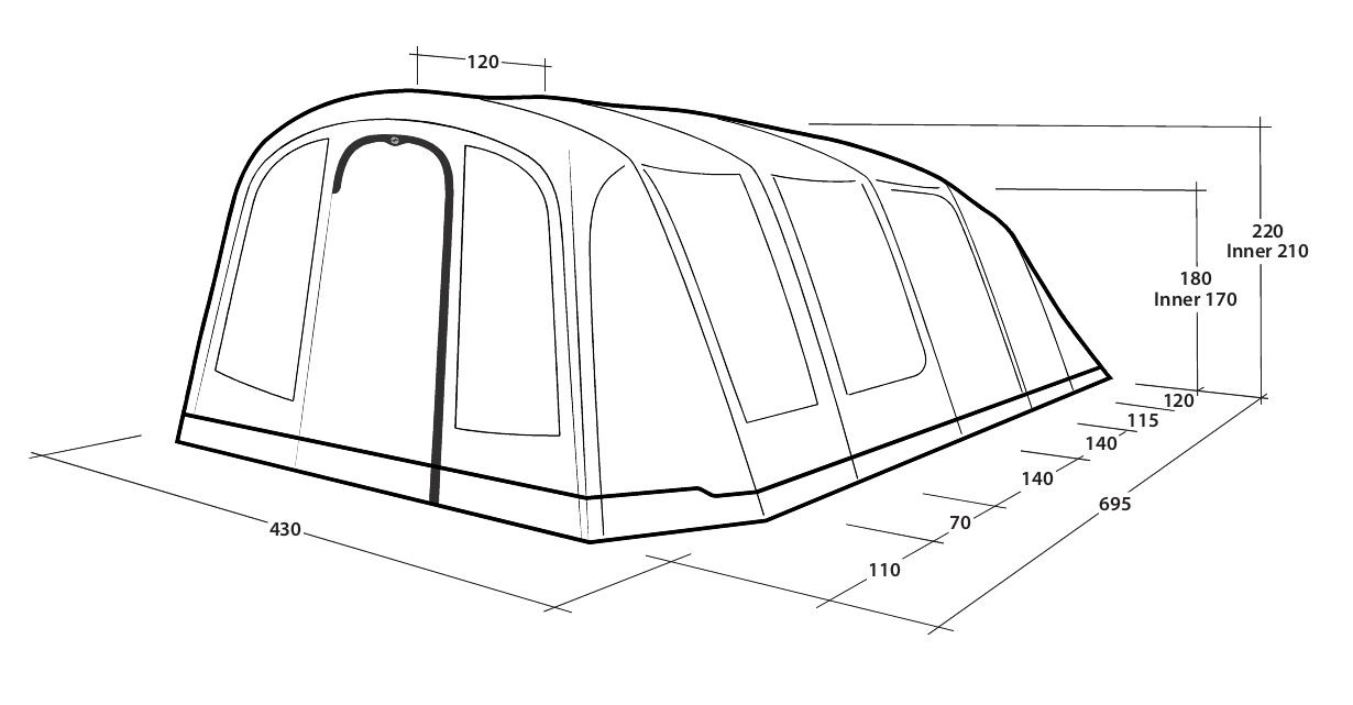 Diagram showing the dimensions of the Outwell Stonehill 7 Air tent