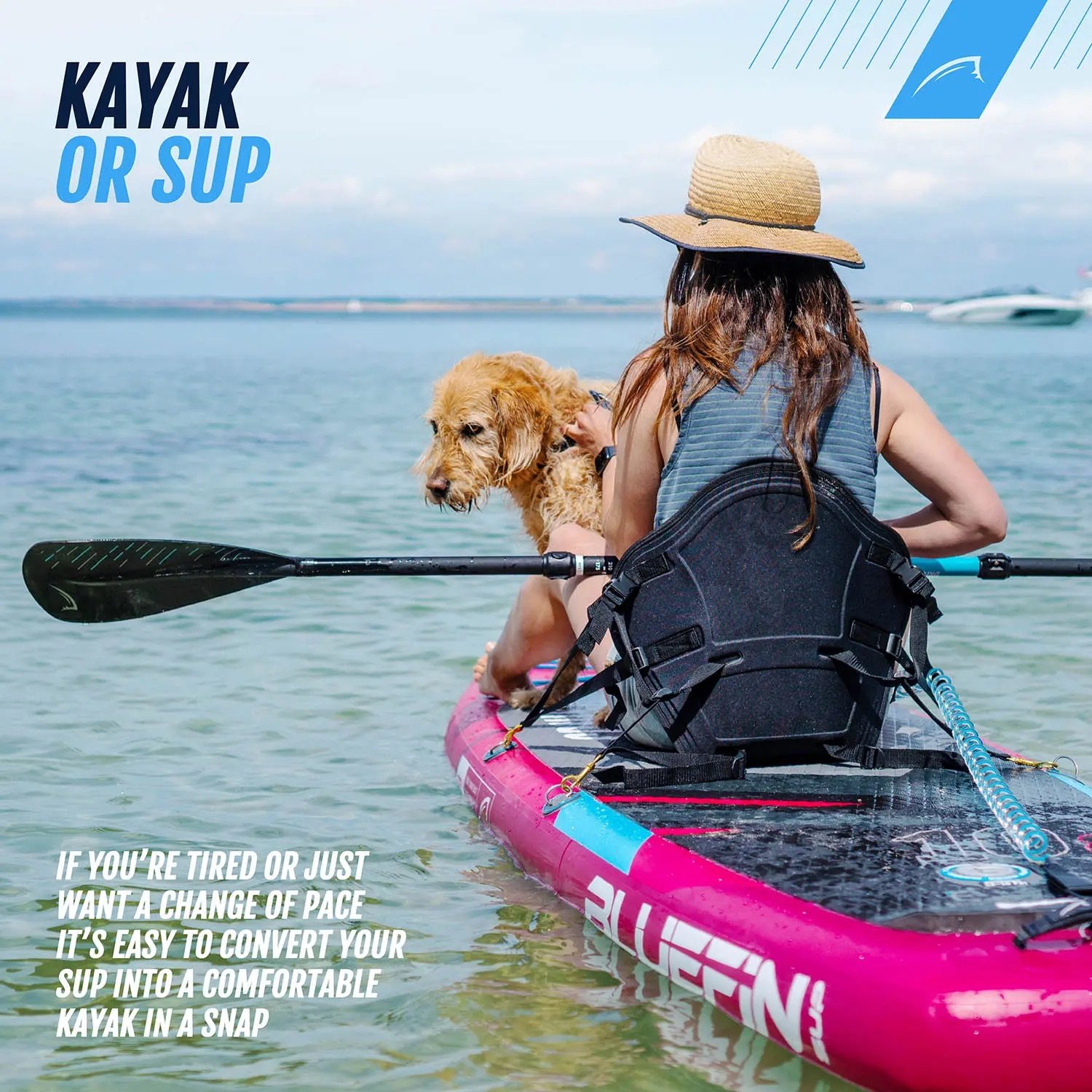 Woman and dog sitting on the SUP with the Kayak seat