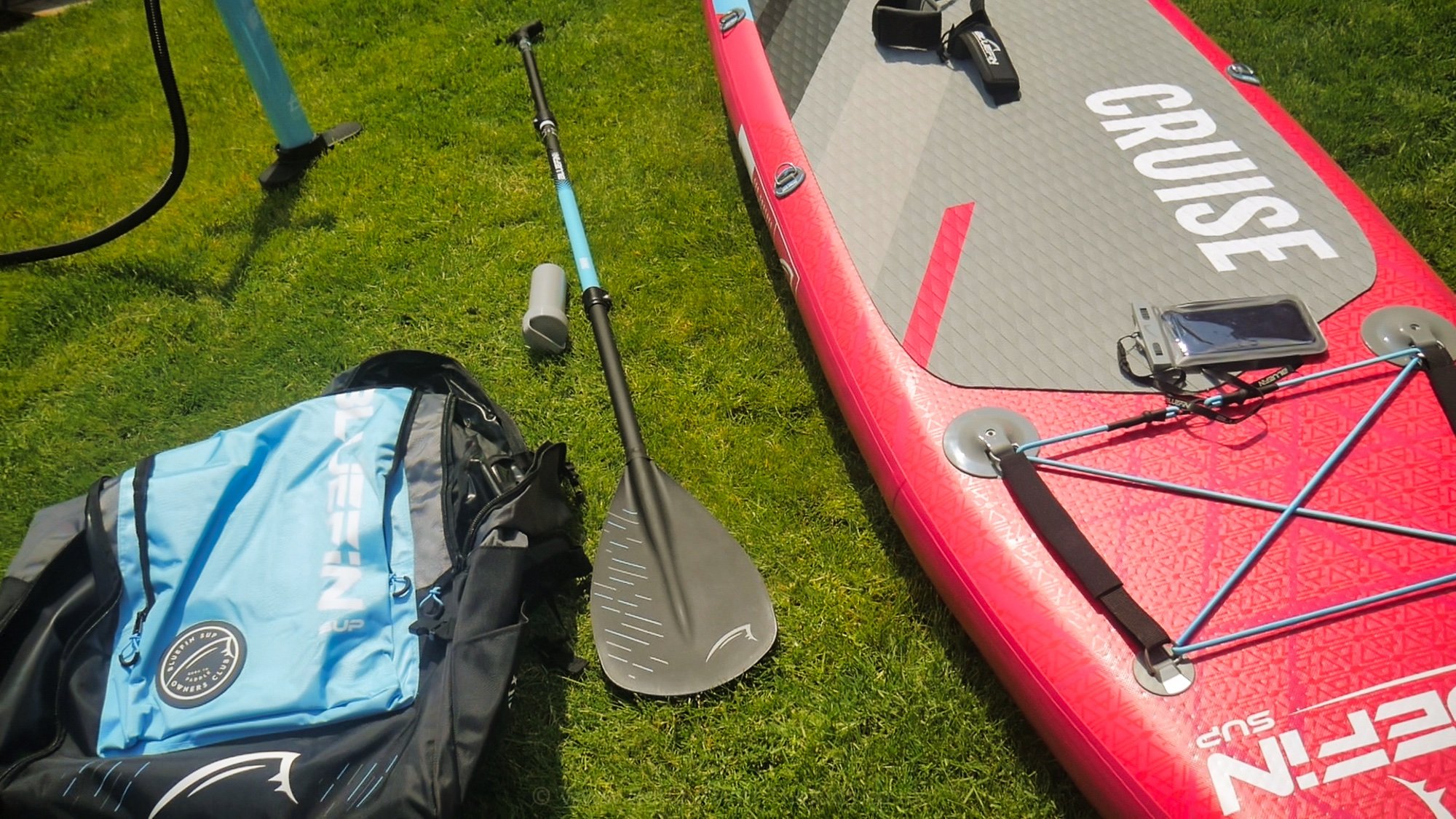 The SUP, bag, pump, and paddle